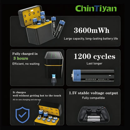 8pcs 3600mWh AA 1.5V Constant-Voltage Smart High-Capacity Rechargeable Lithium Batteries with Charging Cradle