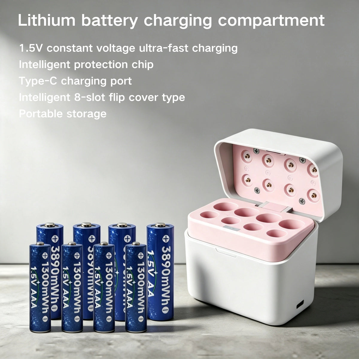 8-slot 1.5V Type-C Fast-Charging Smart Charging Case with LCD Screen for AA and AAA Lithium Batteries